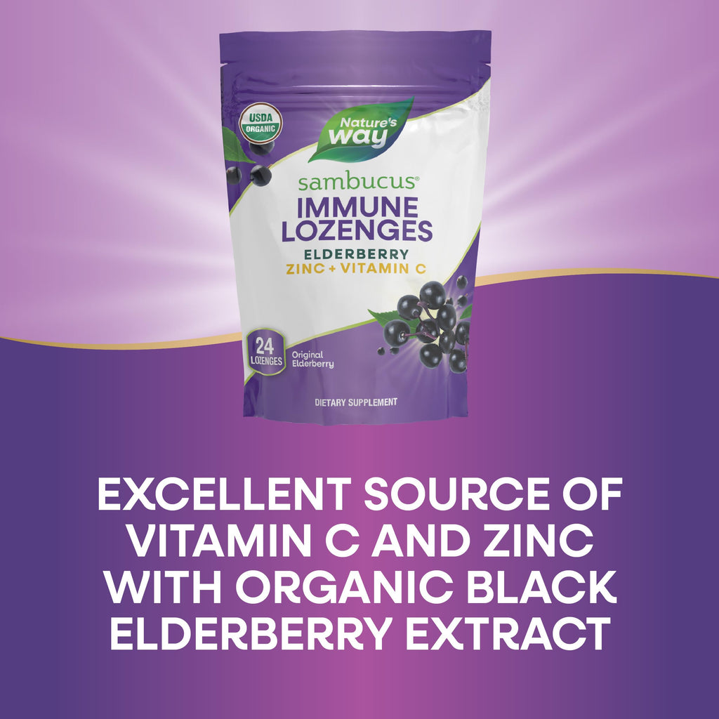 Nature's Way Sambucus immune defense lozenges showing the legal disclaimer and manufacturing details on the back packaging