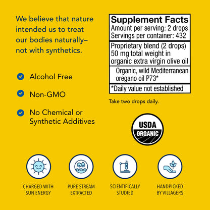 One fluid ounce bottle of North American Herb and Spice oregano drops nutrition facts label.