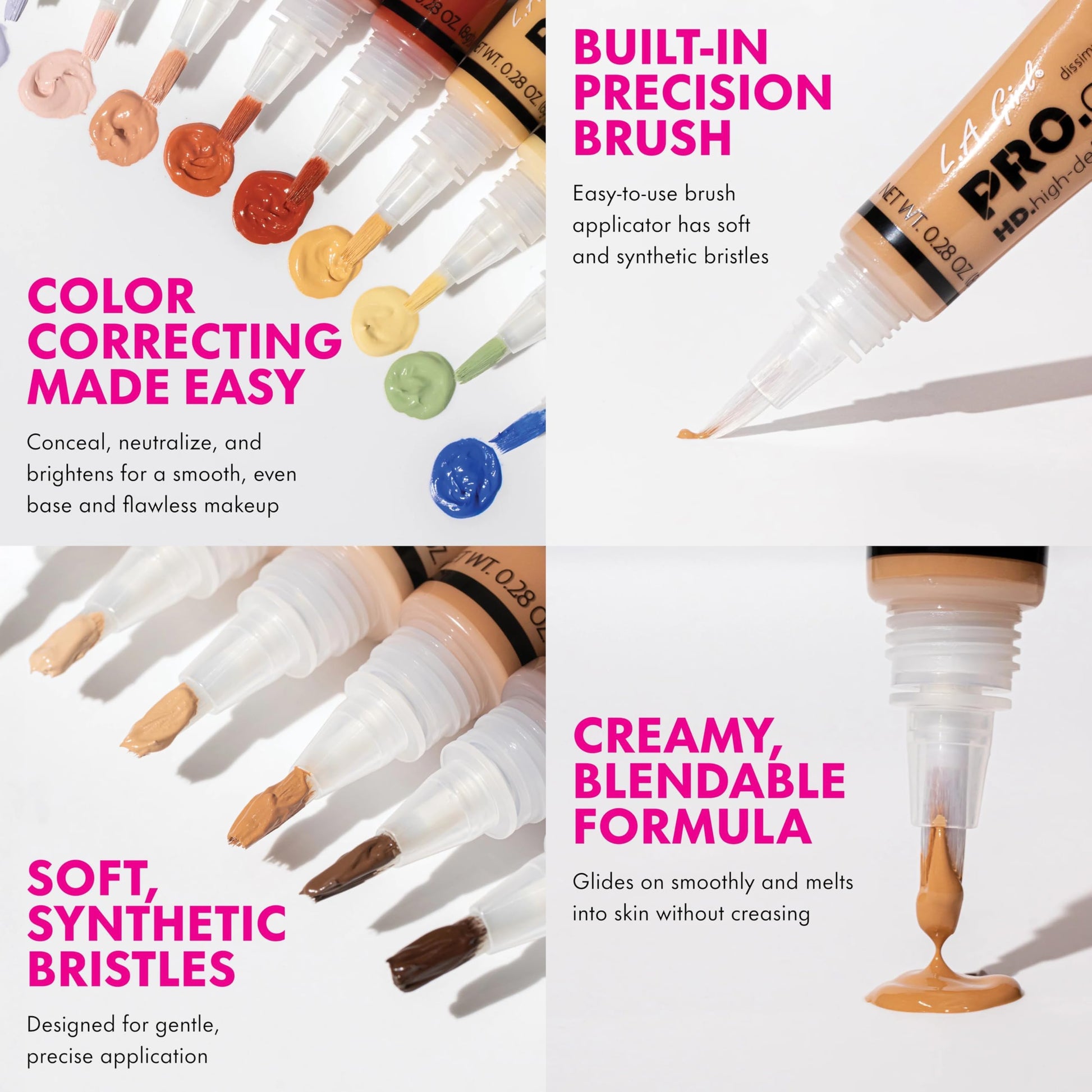 L.A. Girl HD Pro Conceal color correcting cosmetics arranged alongside standard base makeup