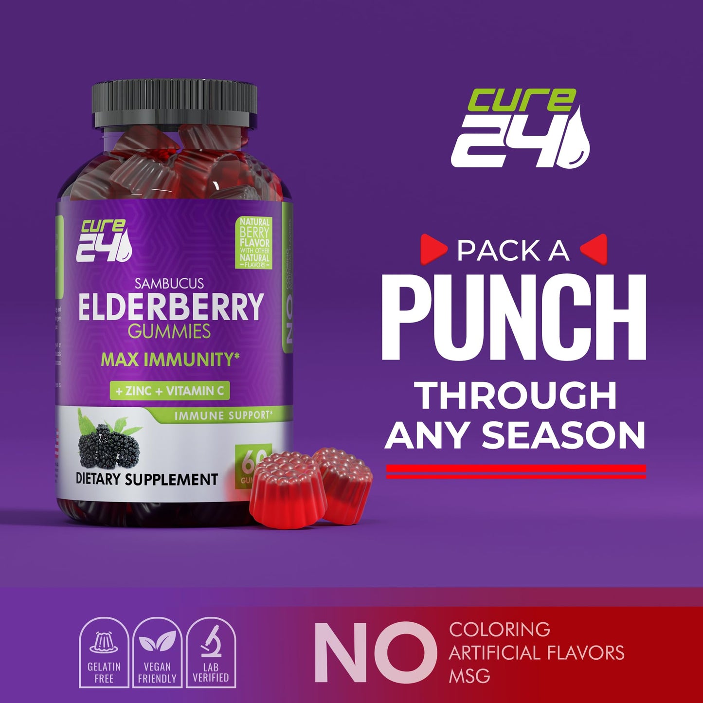 Cure24 premium black elderberry immune system booster dietary supplement bottle