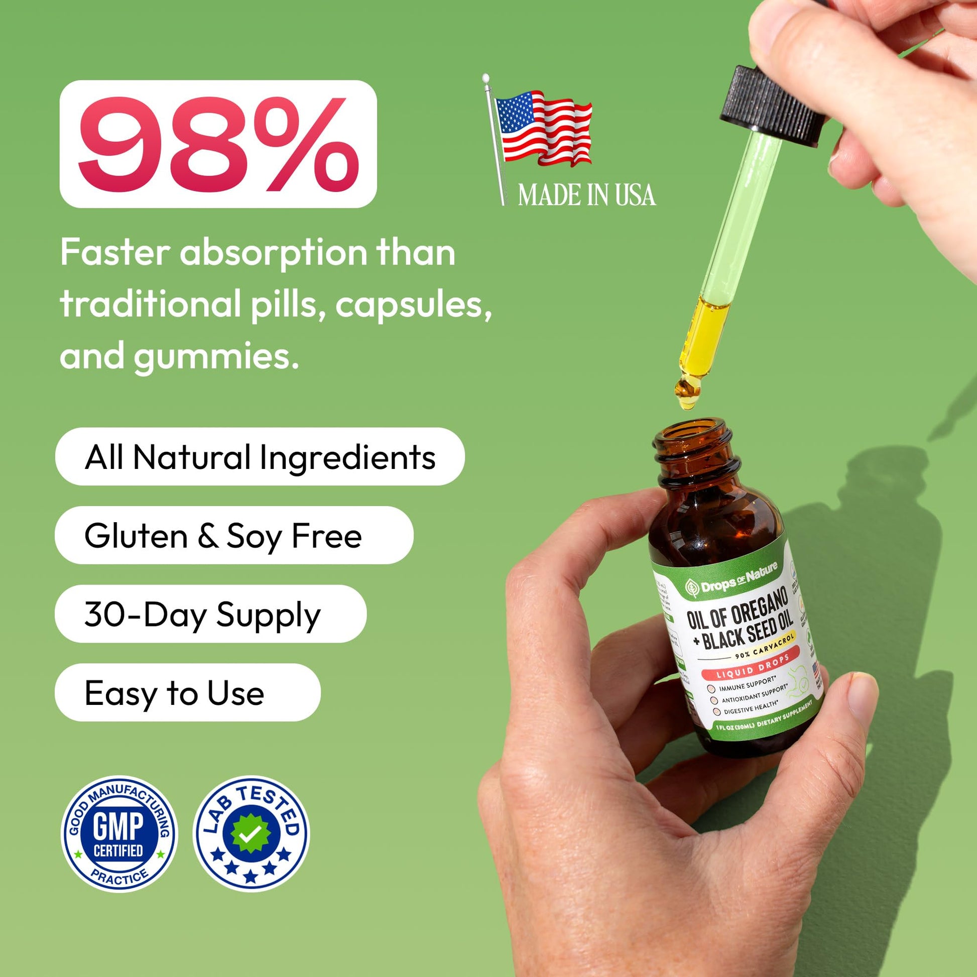 Back label of the thirty milliliter bottle displaying detailed supplement facts and vegan certification.