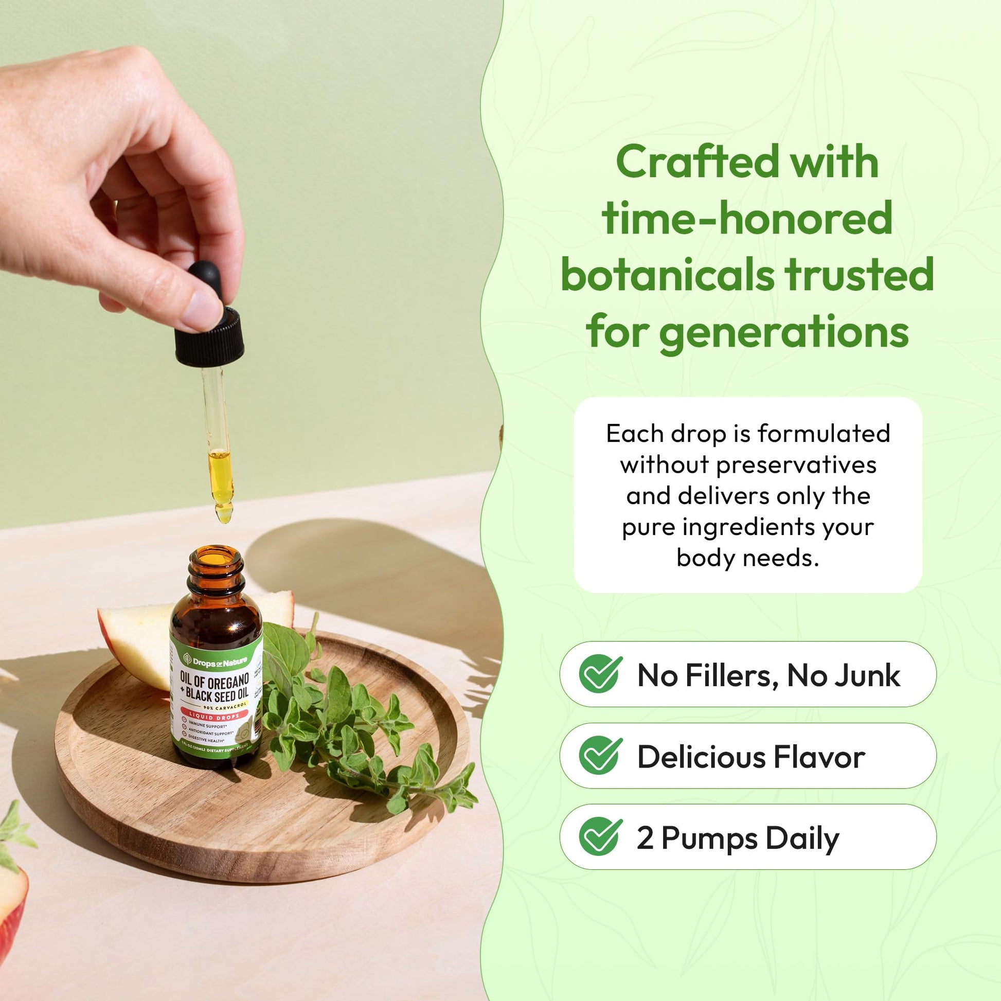 Instructional label graphics demonstrating the correct dilution method for concentrated herbal drops.