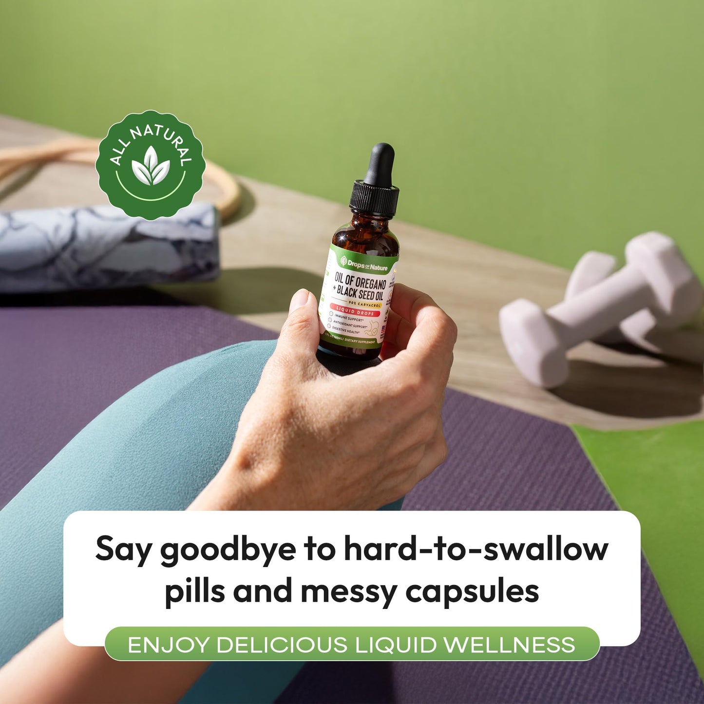 A lifestyle placement of the botanical supplement alongside a fresh glass of water for daily use.