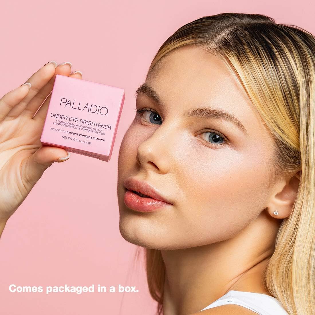Before and after results using Palladio Soft Pink eye brightener
