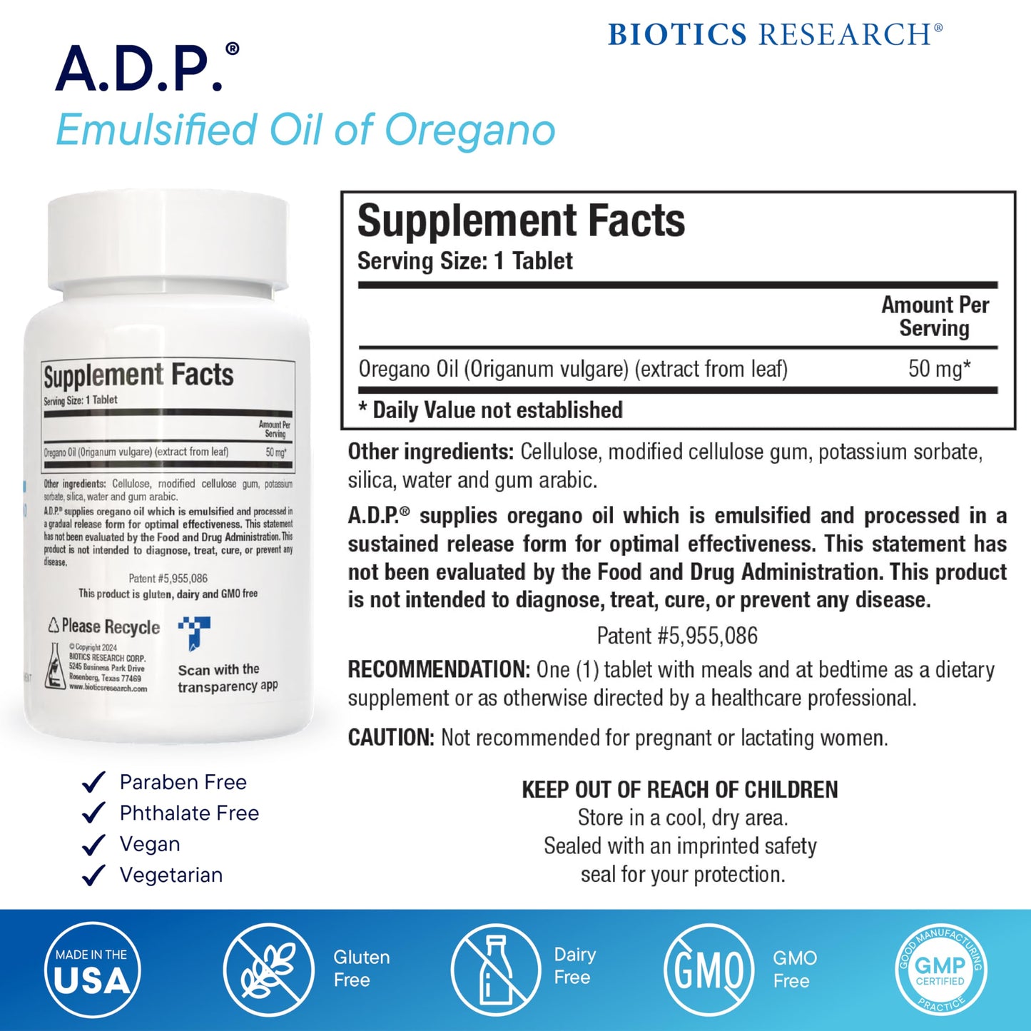 Biotics Research ADP sustained release oregano oil supplement facts label