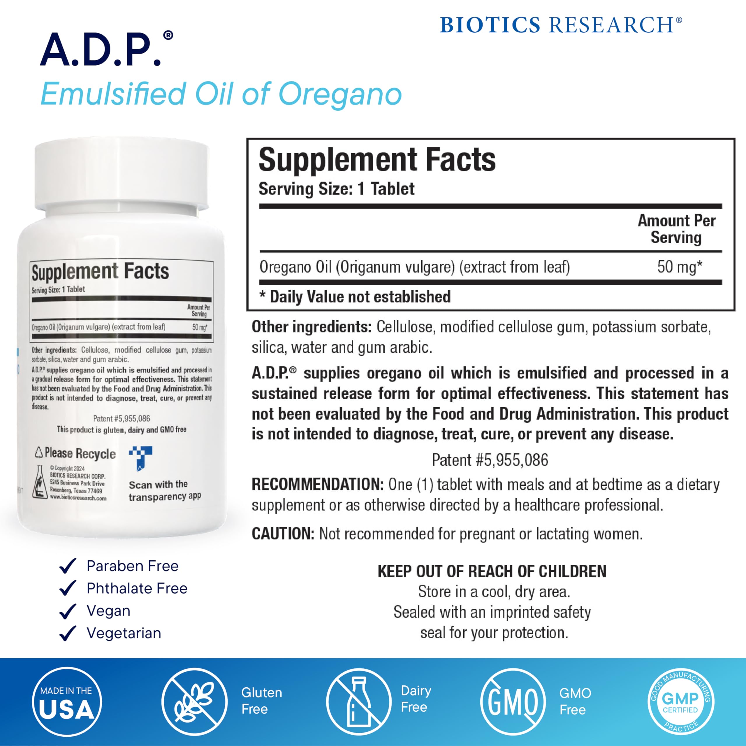 Biotics Research ADP sustained release oregano oil supplement facts label