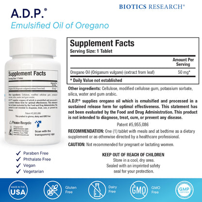 Biotics Research ADP sustained release oregano oil supplement facts label