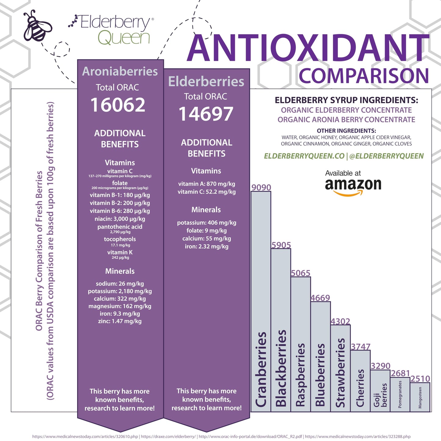 Elderberry Queen antioxidant rich berry formula bottle showing facts panel and refrigeration guidelines