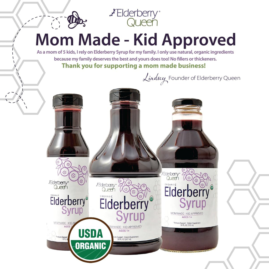 Elderberry Queen pure immune syrup with apple cider vinegar and honey highlighting zero artificial sugars