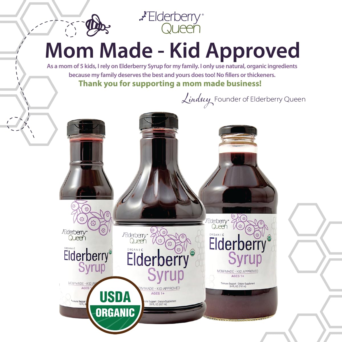 Elderberry Queen pure immune syrup with apple cider vinegar and honey highlighting zero artificial sugars