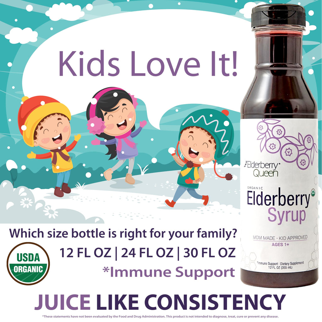 Elderberry Queen family size thirty ounce natural immunity supplement bottle angled side view display