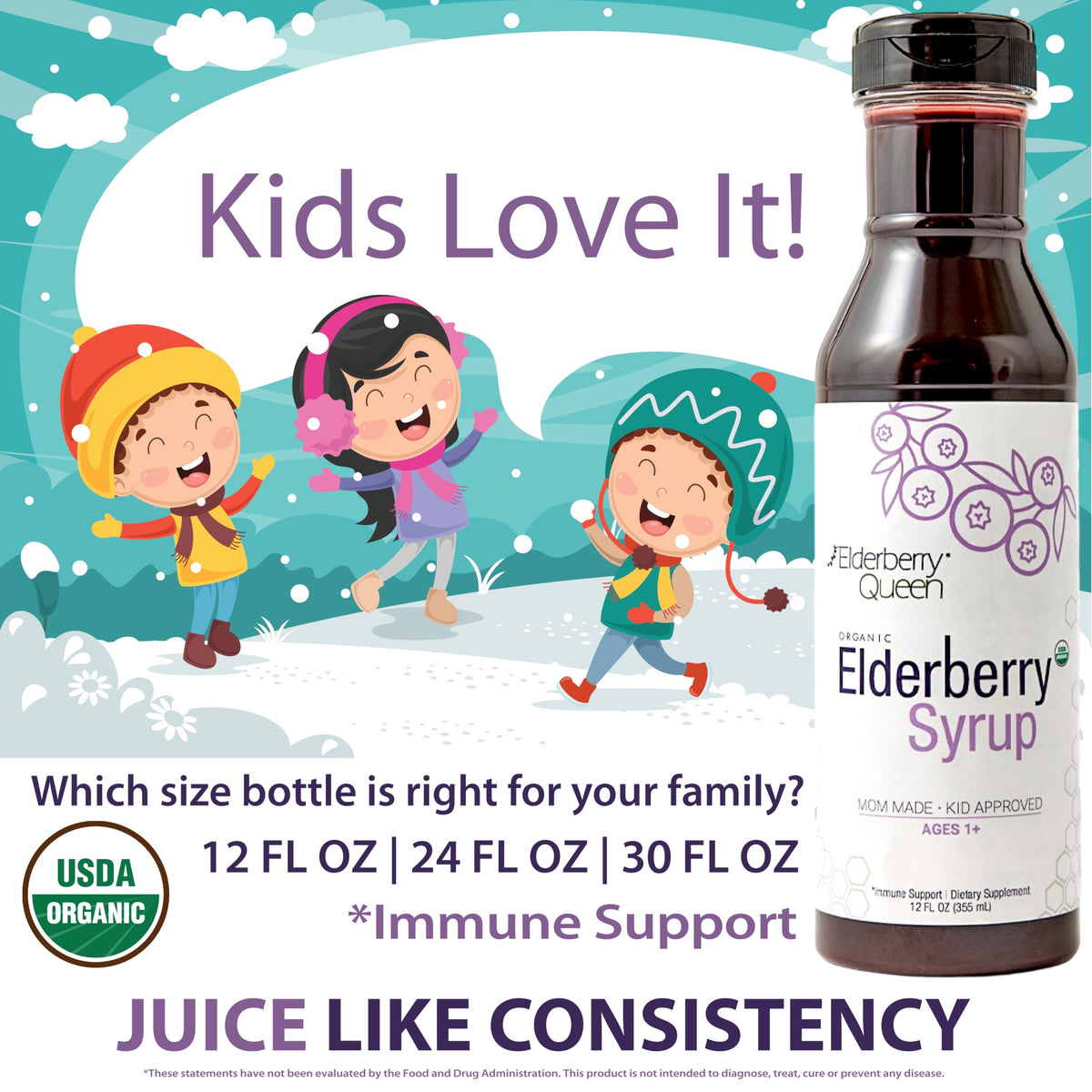 Elderberry Queen family size thirty ounce natural immunity supplement bottle angled side view display