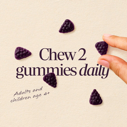 Close up view of the gelatin free purple immune support chewable supplements for adults and kids.