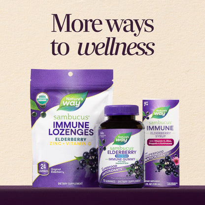 Nature's Way Sambucus daily dietary supplement showing secure bottle seal and expiration details.