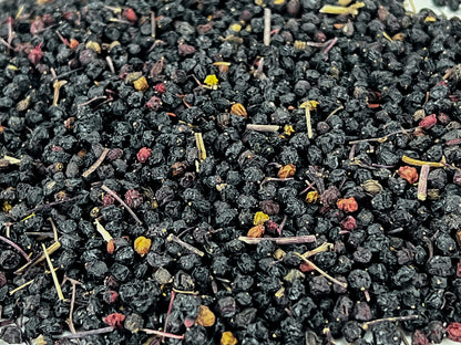Premium USDA certified organic Sambucus nigra dried berries close up view