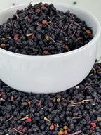 Resealable bulk bag showing back label and testing information for wellness elderberries