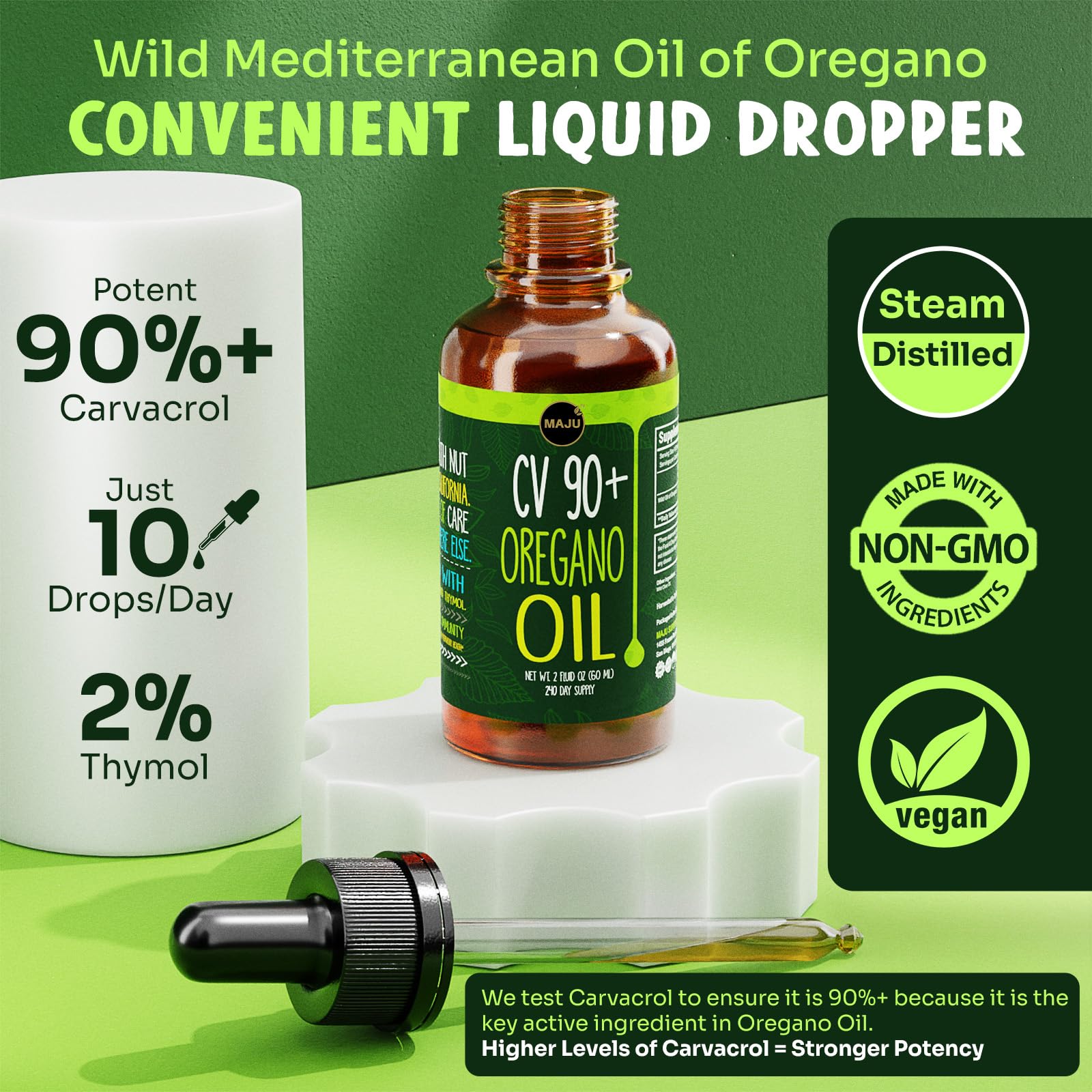 Liquid herbal supplement dropper bottle showing ninety percent carvacrol content details
