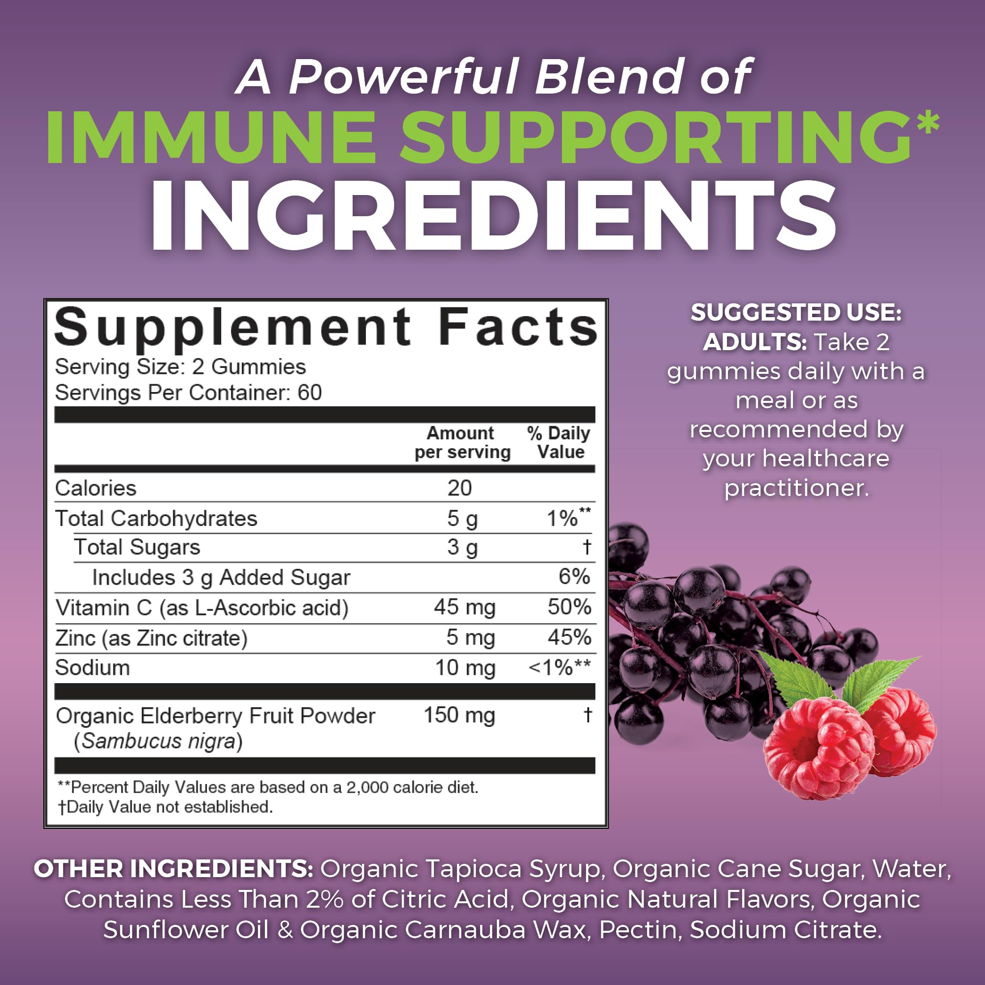 Viva Naturals Sambucus elderberry gummies back label detailing ingredients and organic certification.