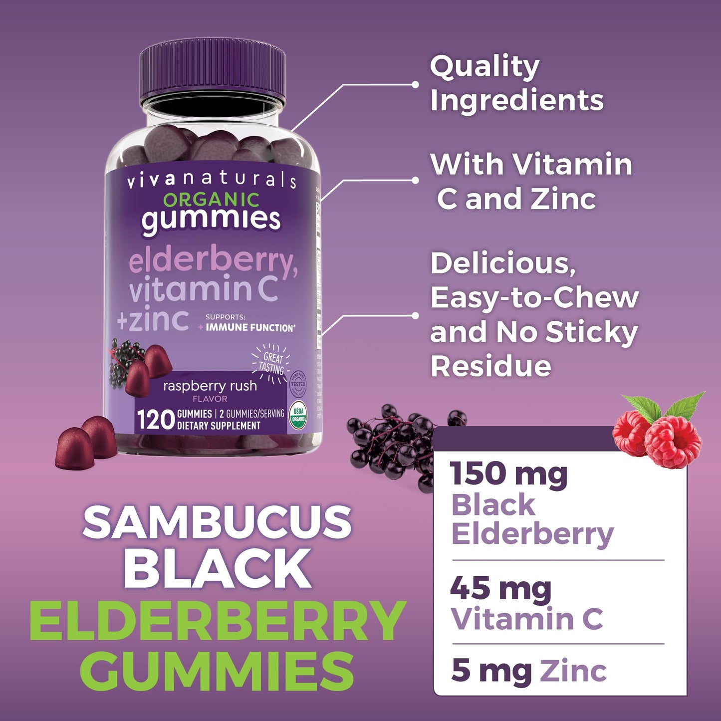 Raspberry Rush flavored organic elderberry supplement gummies for adult daily wellness.