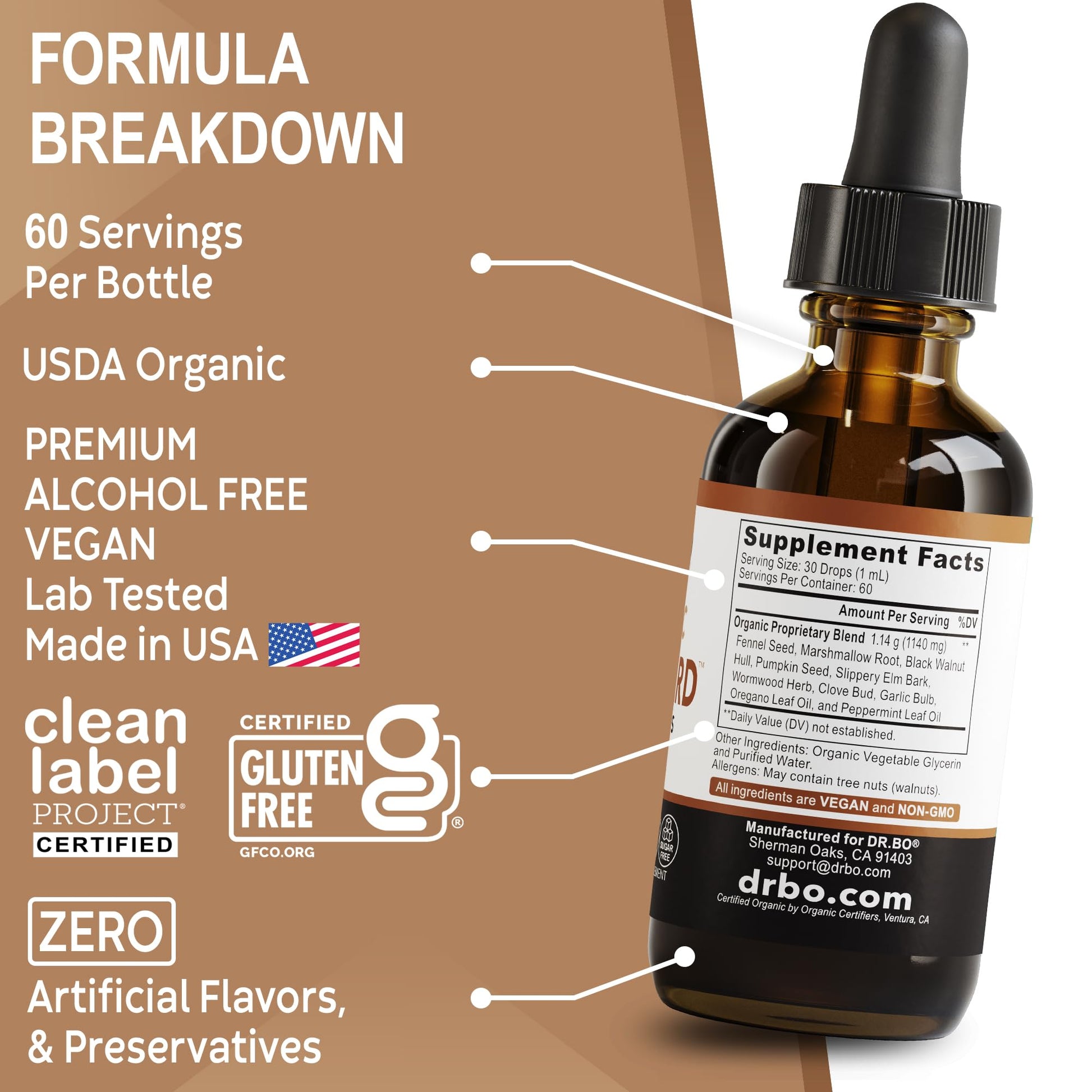 Dr Bo ParaGuard Cleanse Liquid Drops held in hand showing size relative to 2 fluid ounces