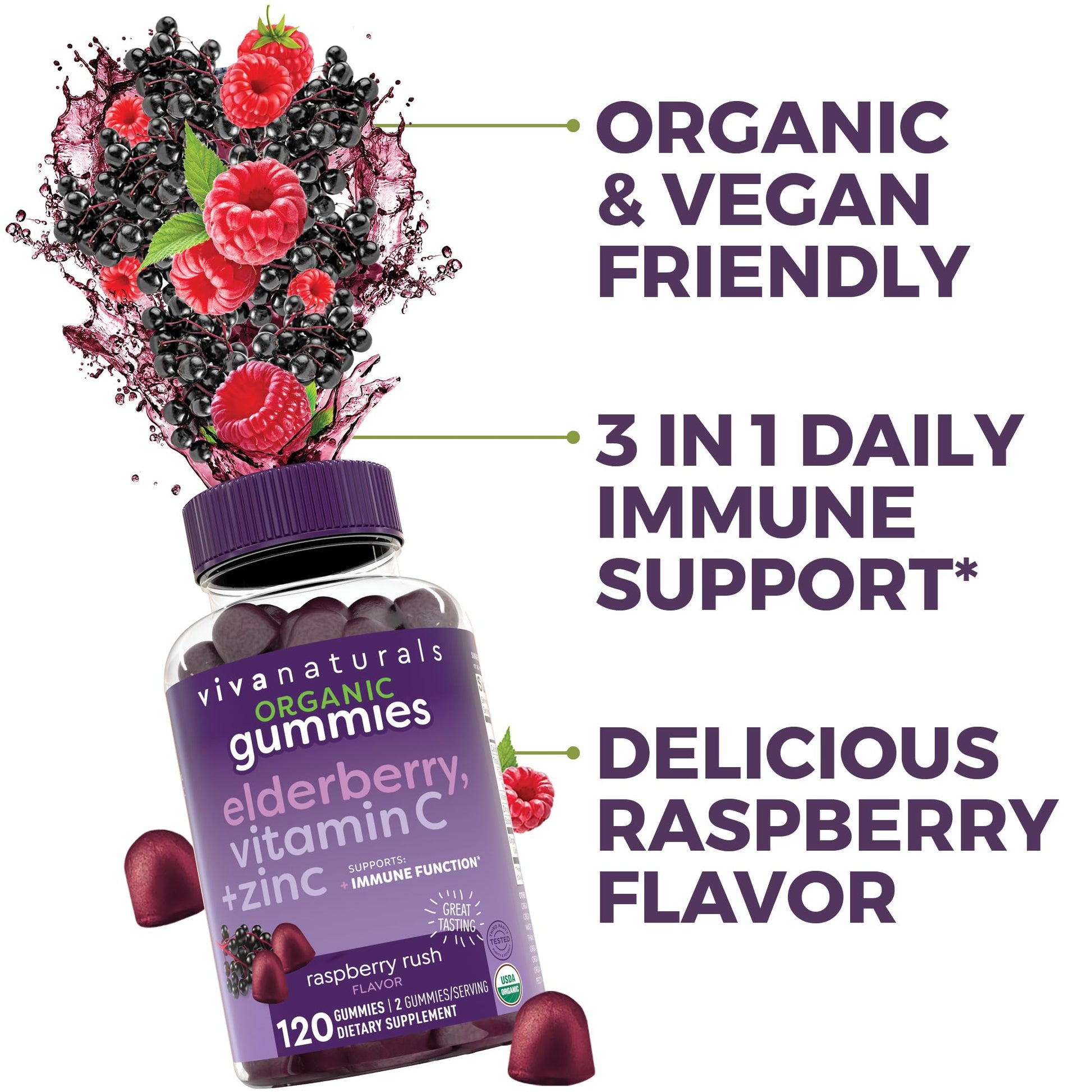Close up of vegan gelatin free elderberry immunity gummies from Viva Naturals.