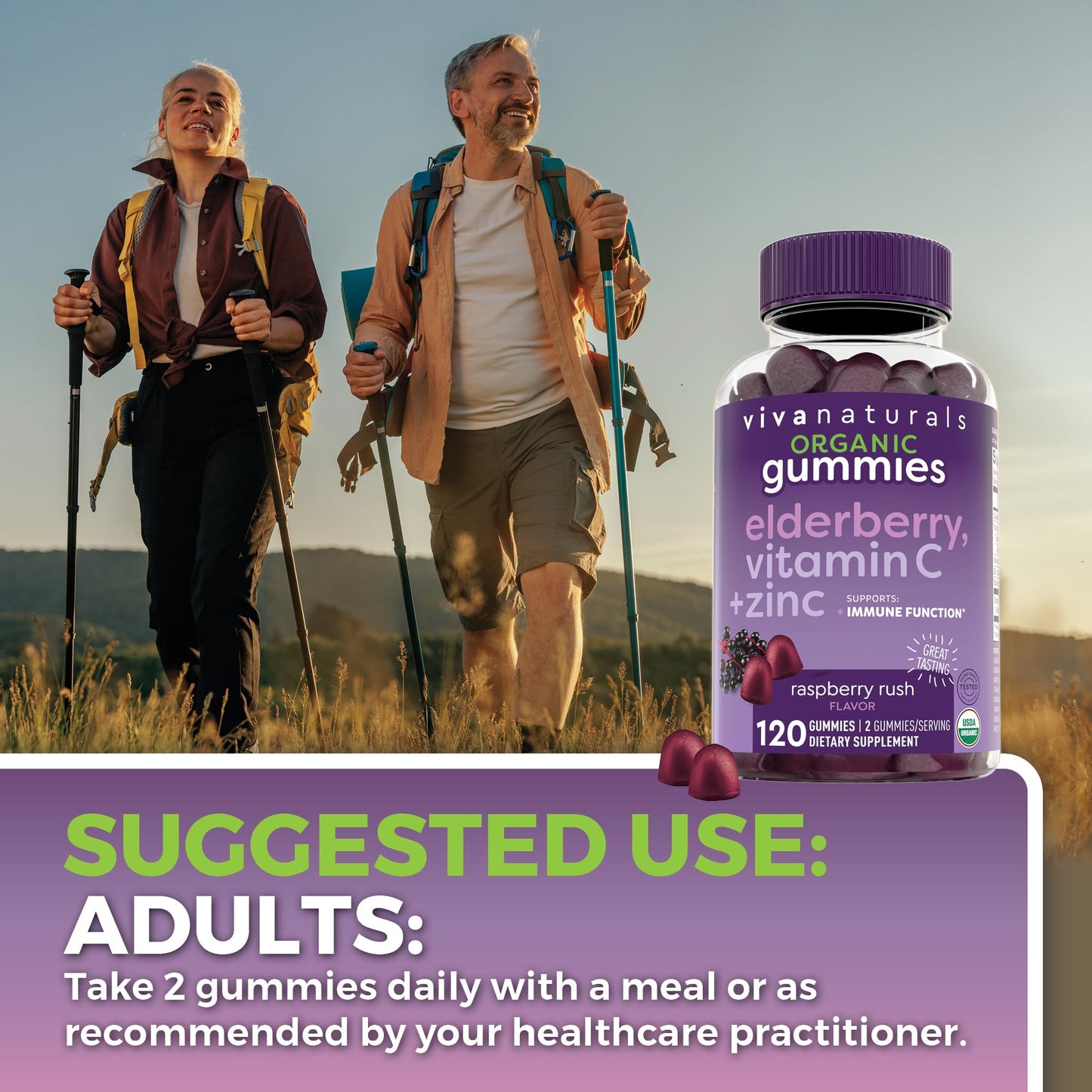 USDA Organic certified elderberry vitamins bottle lifestyle view showing easy open cap.