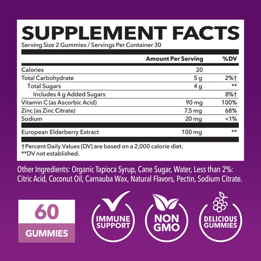 Havasu Nutrition elderberry supplement bottle showing vitamin C and zinc benefits