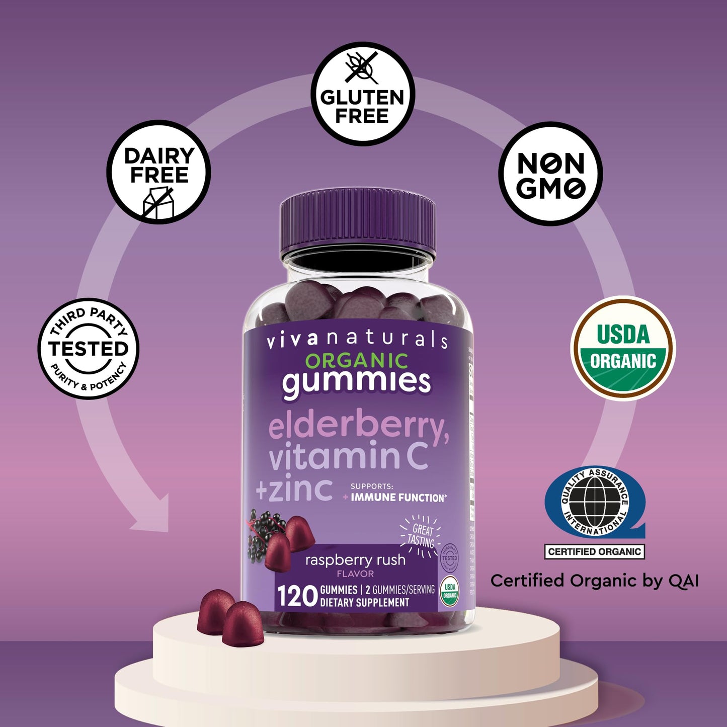 Viva Naturals immune defense dietary supplement gummies third party tested for purity.