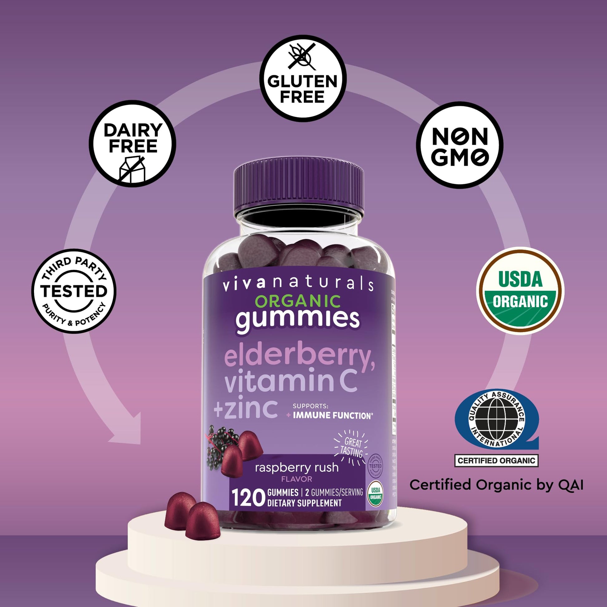 Viva Naturals immune defense dietary supplement gummies third party tested for purity.