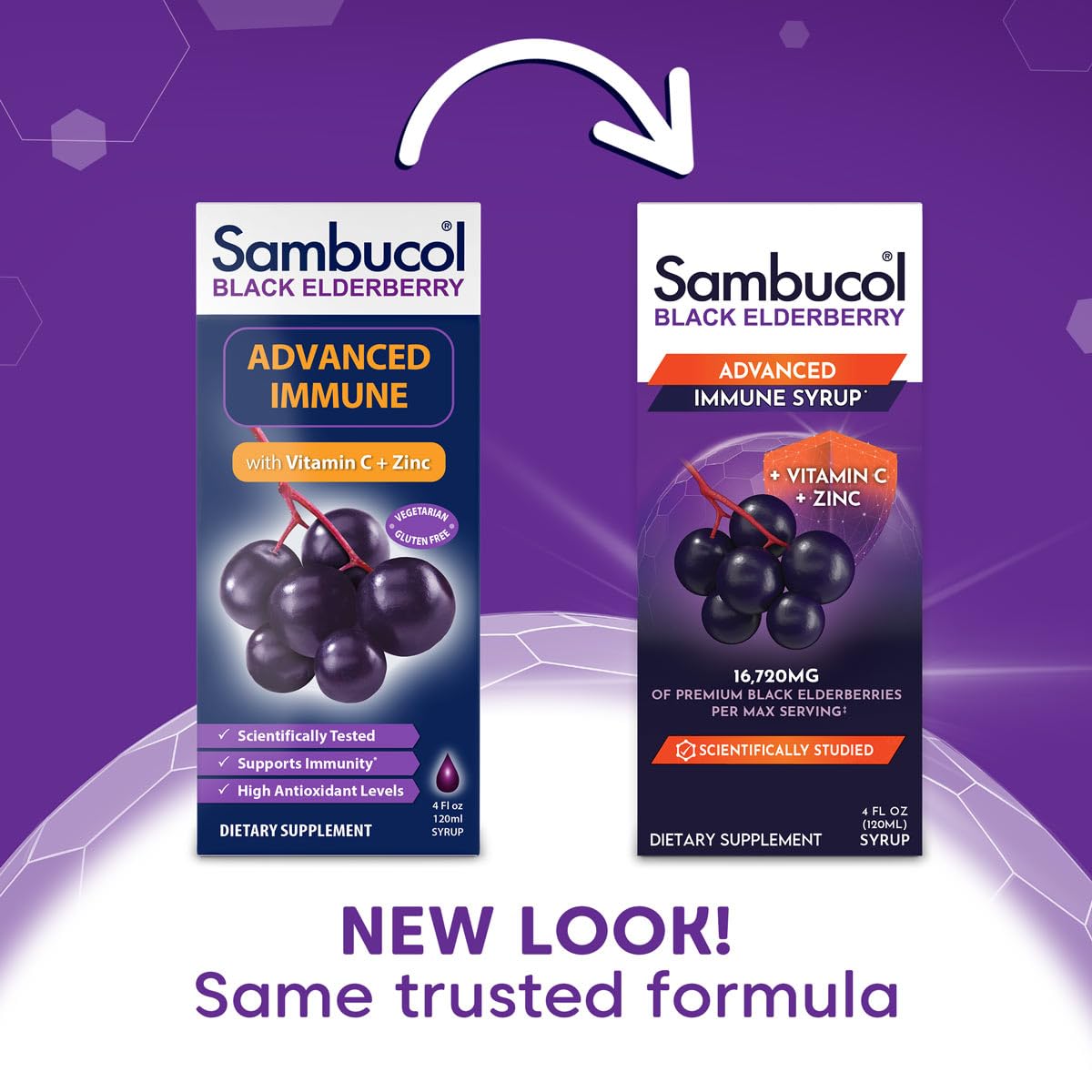 Sambucol elderberry liquid bottle displaying dosage instructions and nutritional facts label