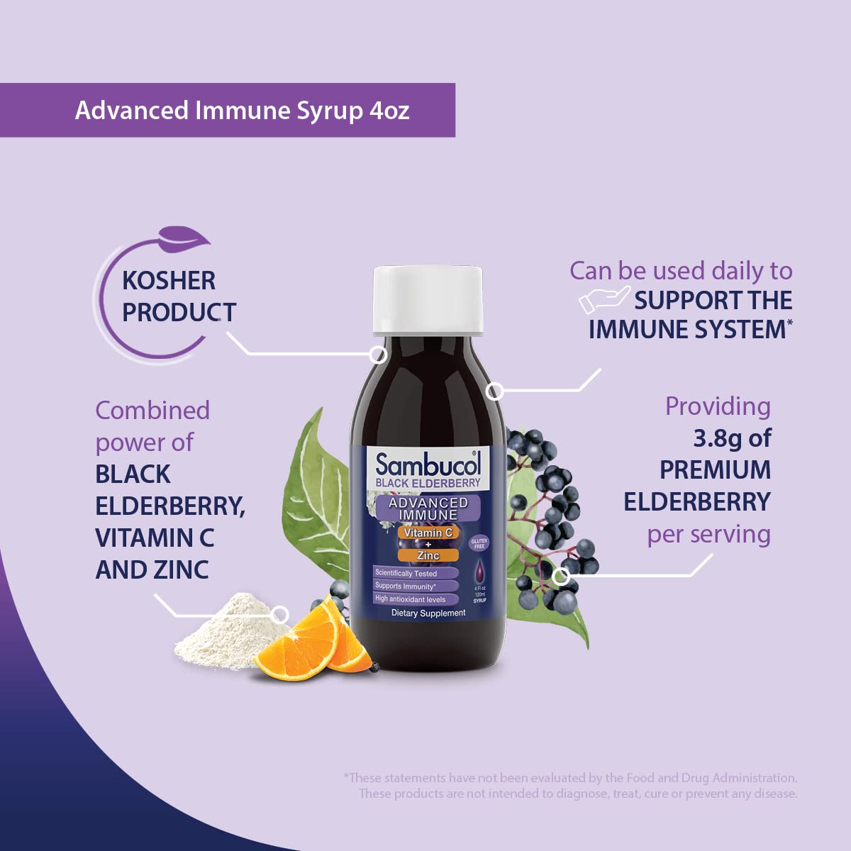 Side view of Sambucol Advanced packaging emphasizing Vitamin C and Zinc additions