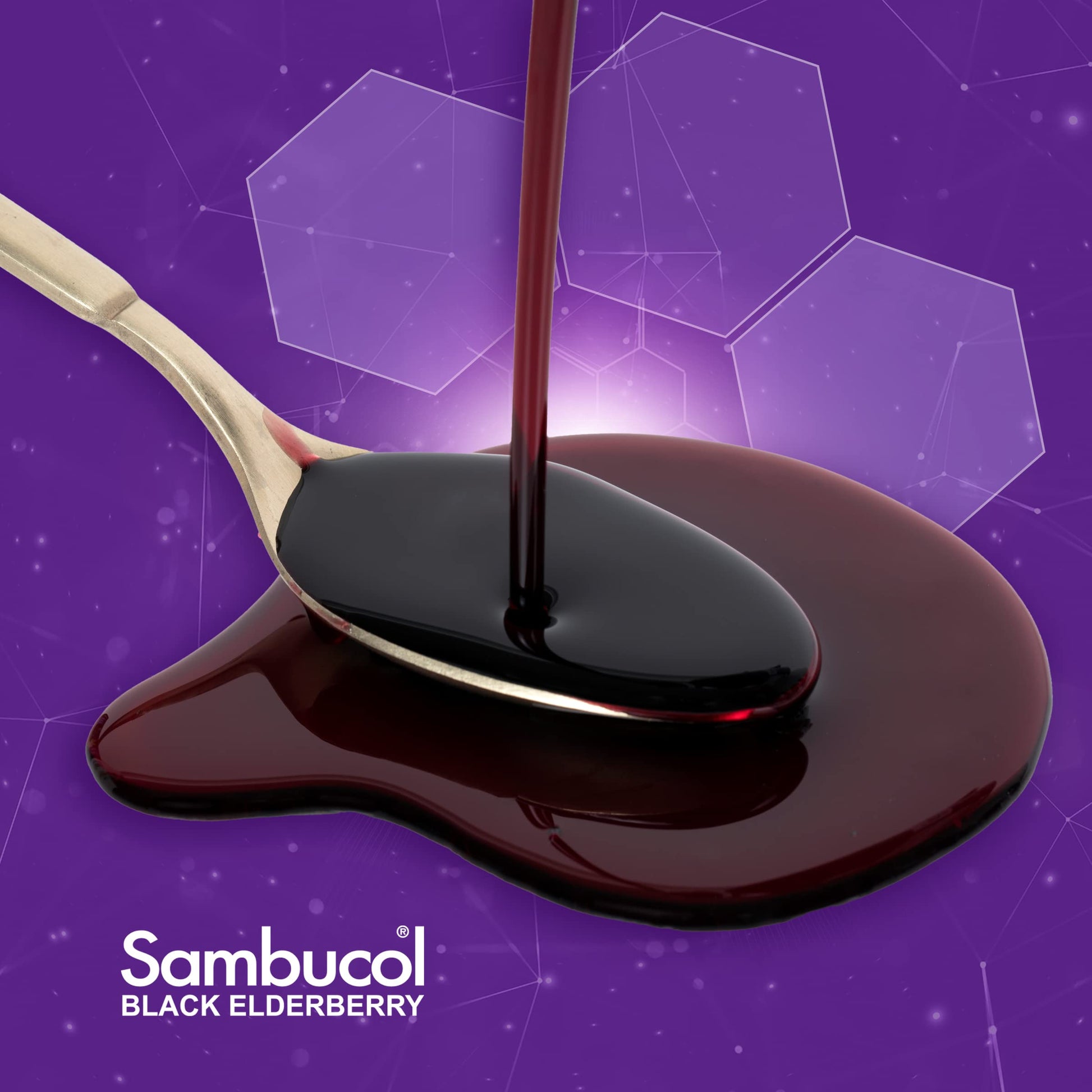 Top angle of Sambucol black elderberry box highlighting premium Haschberg berry extract