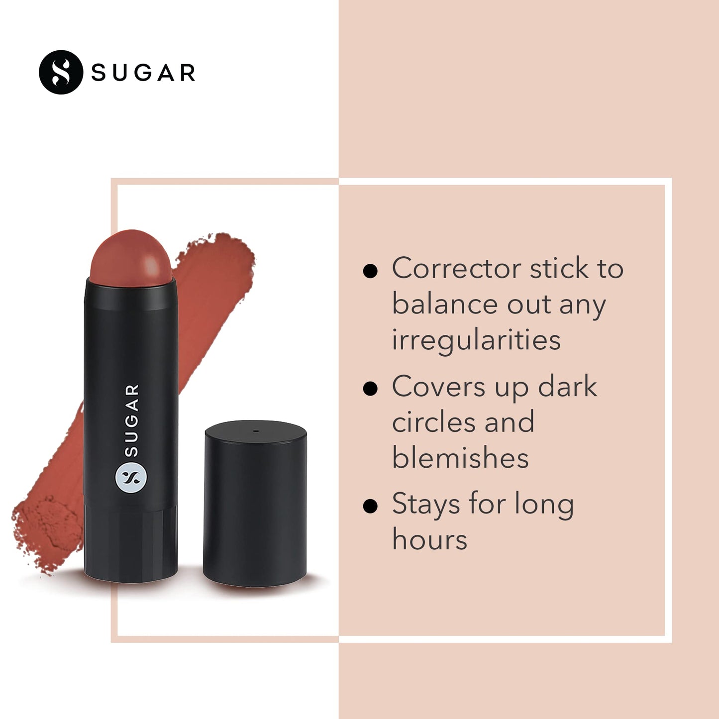 SUGAR Cosmetics color corrector stick swatched on medium skin tone