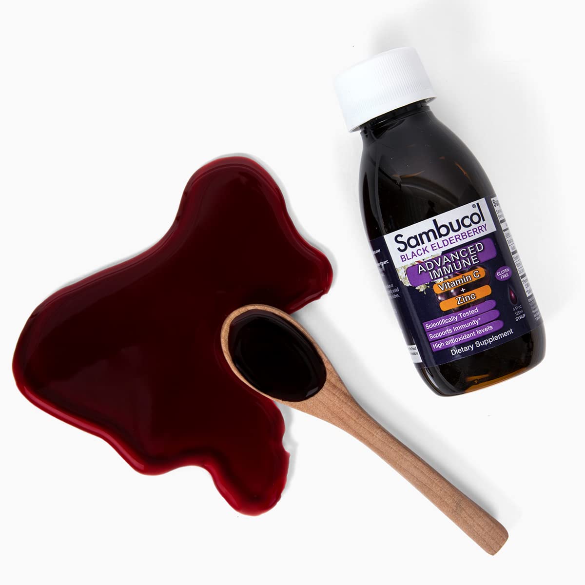 Back panel of Sambucol elderberry syrup box with allergen-free and drug-free certifications