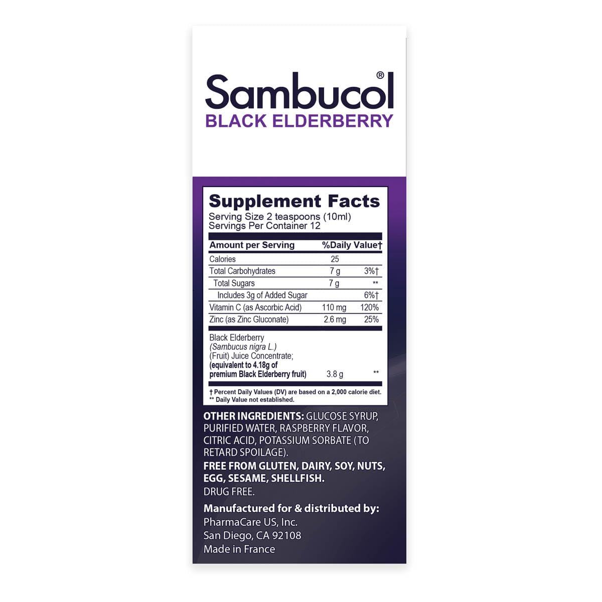 Close-up of Sambucol Advanced 4 Fluid Ounces bottle showing authentic imported seal