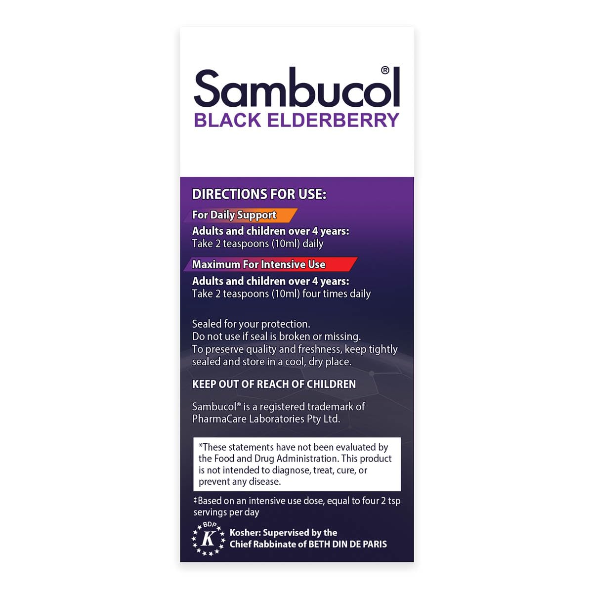 Full product spread of Sambucol Advanced Black Elderberry package showing vegan logos