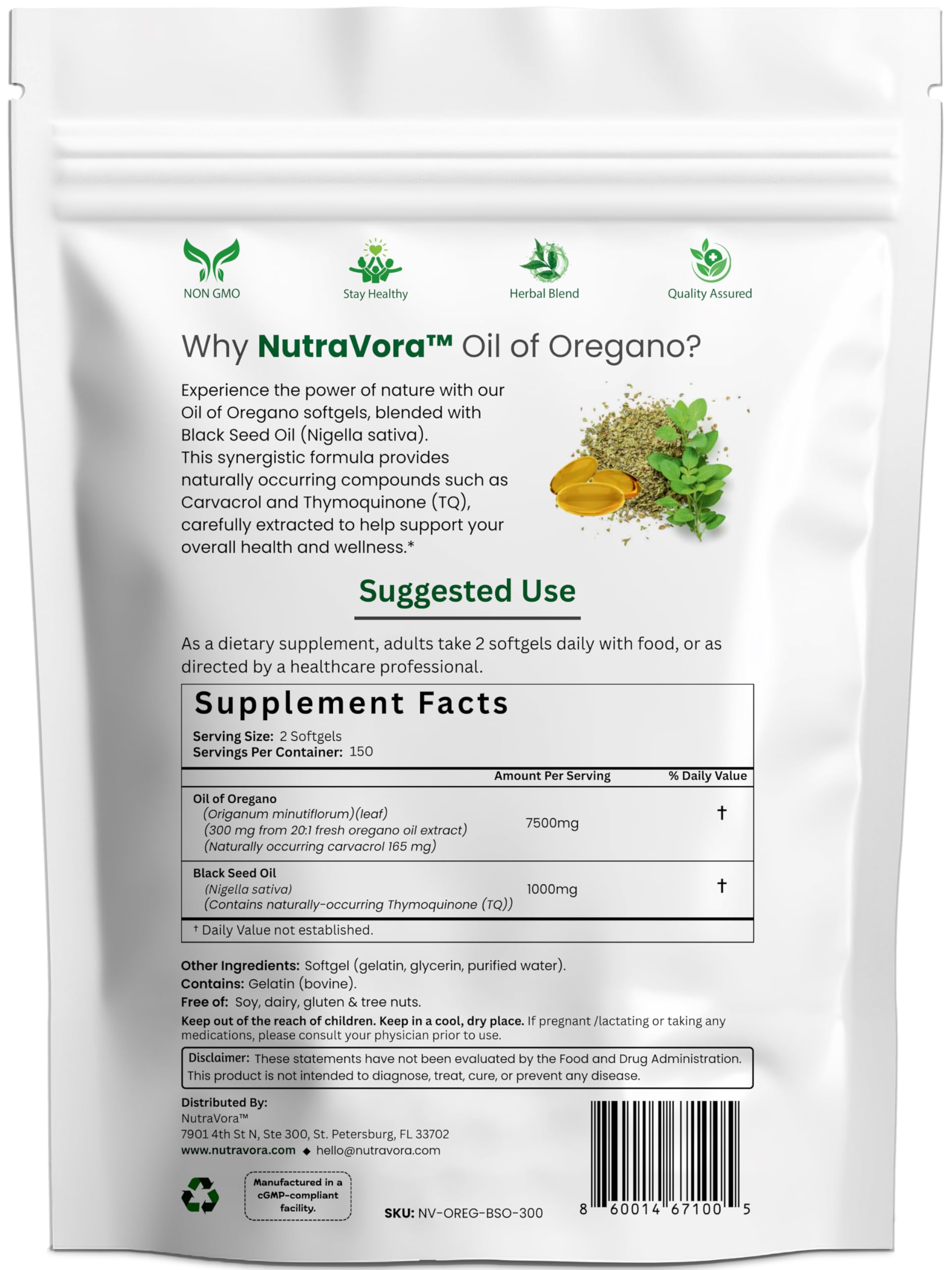 NutraVora premium dual action herbal supplement combining 7500mg oregano oil and 1000mg black seed oil