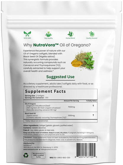 NutraVora premium dual action herbal supplement combining 7500mg oregano oil and 1000mg black seed oil