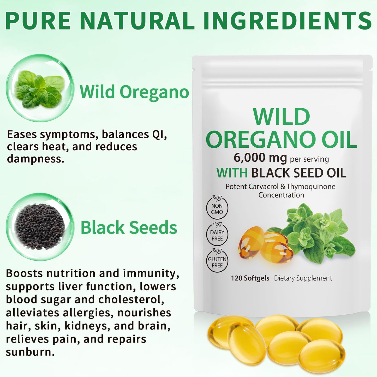 Tooffi oregano oil and black seed oil capsules dietary features icons showing gluten free and non GMO