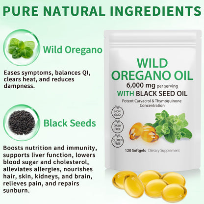 Tooffi oregano oil and black seed oil capsules dietary features icons showing gluten free and non GMO