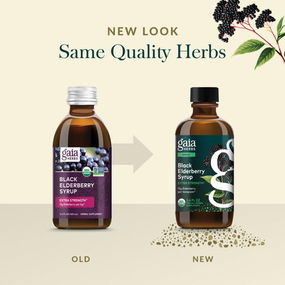 Gaia Herbs Black Elderberry Syrup packaging showing dosage instructions