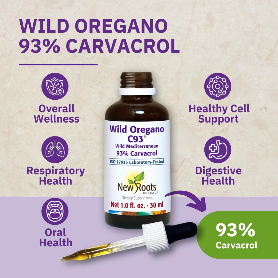 New Roots Herbal Wild Oregano Oil Drops product packaging showing 93 percent carvacrol