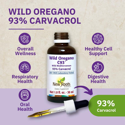 New Roots Herbal Wild Oregano Oil Drops product packaging showing 93 percent carvacrol