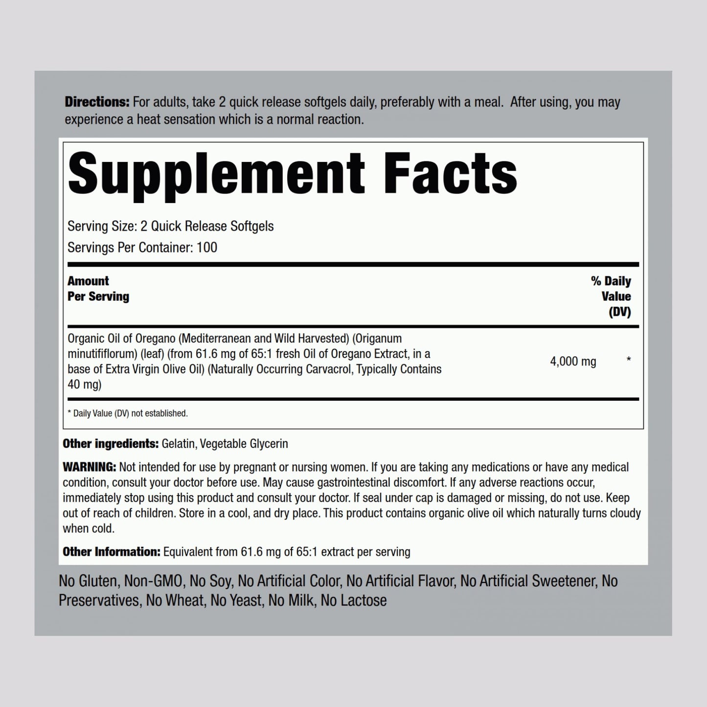 Piping Rock Mediterranean oregano oil capsules supplement facts and ingredient label