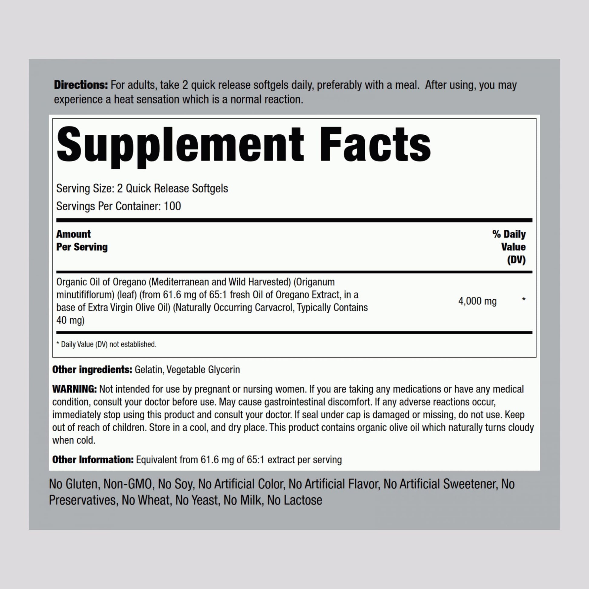 Piping Rock Mediterranean oregano oil capsules supplement facts and ingredient label