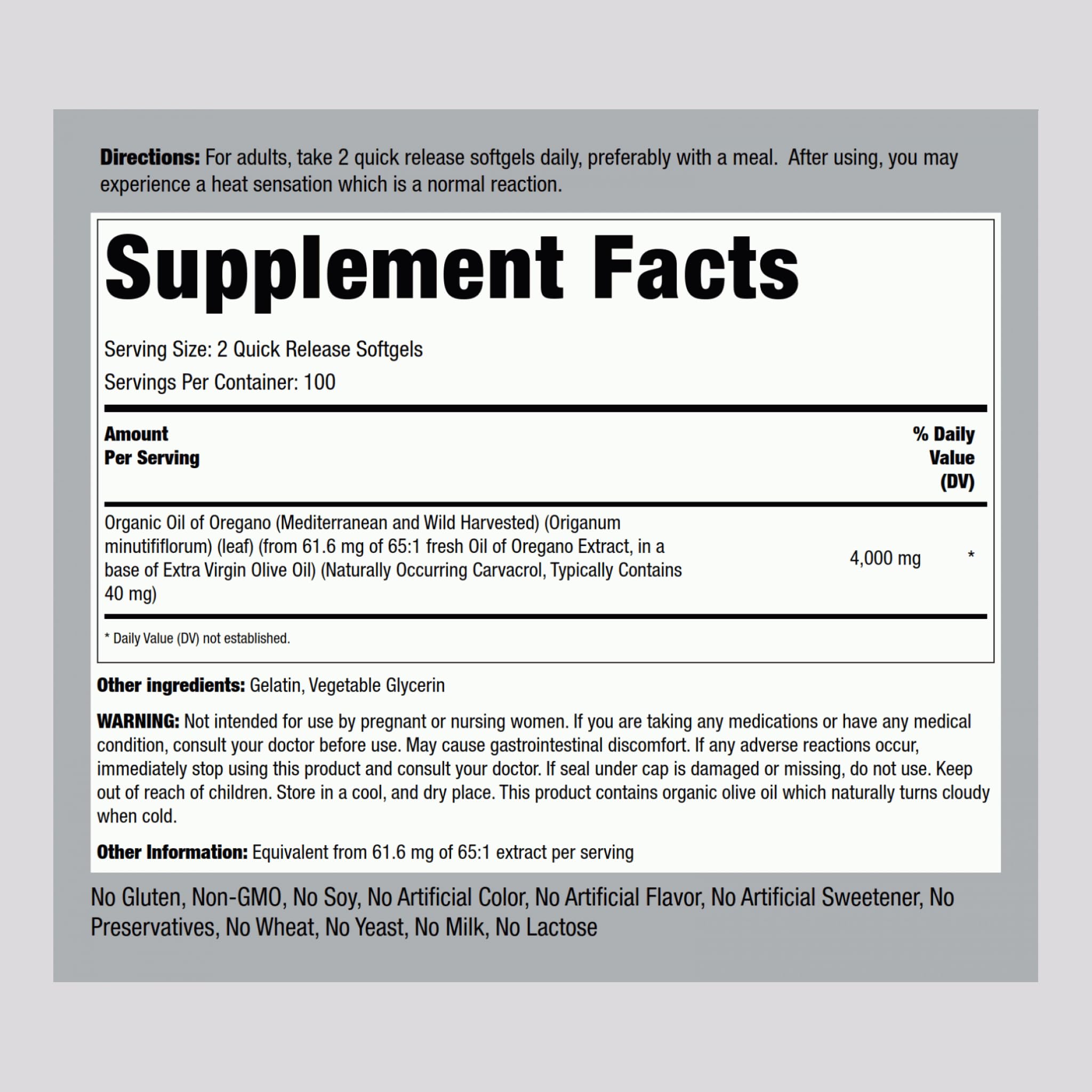 Piping Rock Mediterranean oregano oil capsules supplement facts and ingredient label