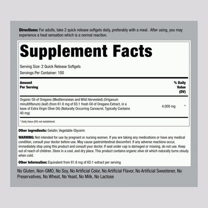 Piping Rock Mediterranean oregano oil capsules supplement facts and ingredient label