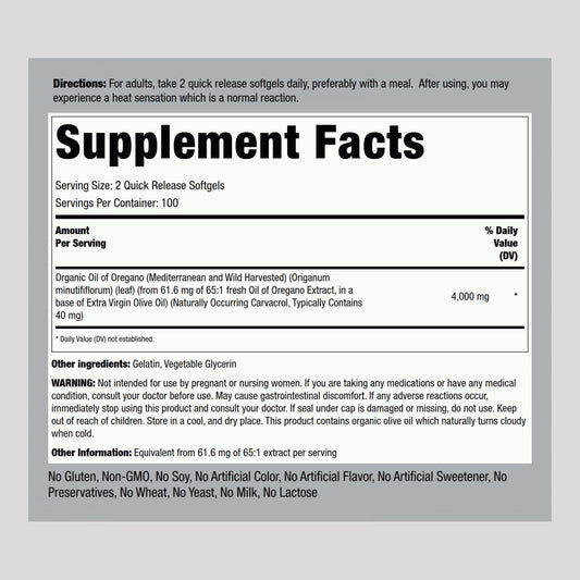 Piping Rock Mediterranean oregano oil capsules supplement facts and ingredient label