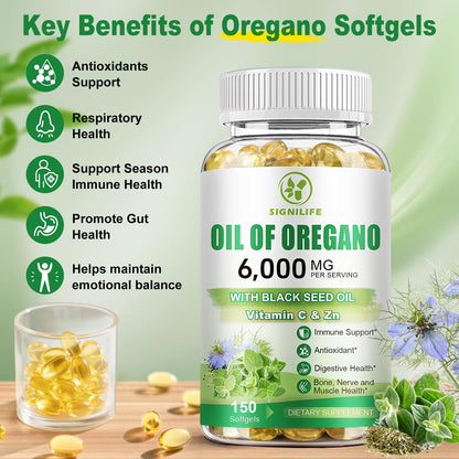 Premium USA imported oregano oil softgels displayed next to the product packaging for quality assurance.