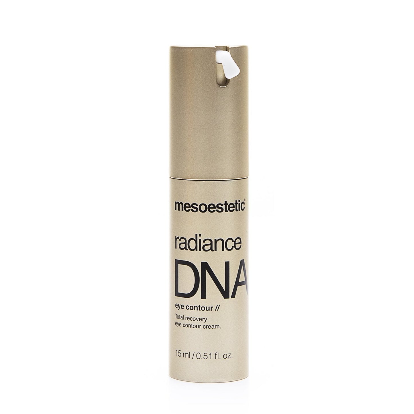 Mesoestetic Radiance DNA premium triple action eye cream packaging highlighting the Meso Recovery Complex.